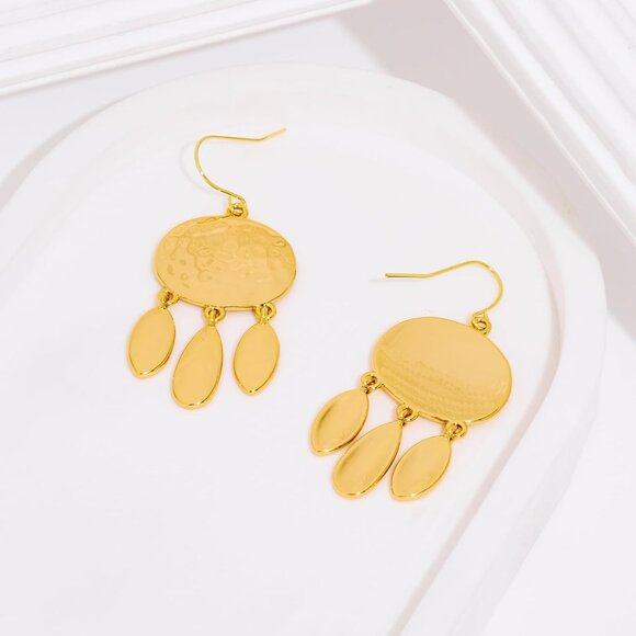 14K D Gold Pleated Boho Hammered Statement Finish Dangle Drop Earring for Women - Picture 5 of 6